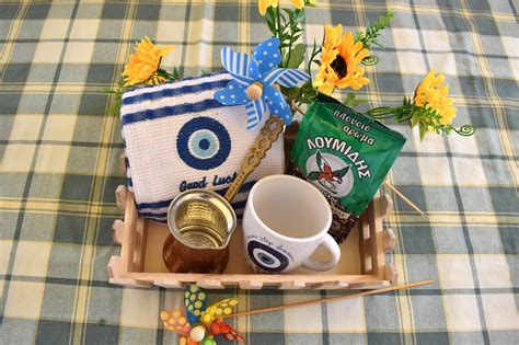 Greek gift basket with coffee. Greek coffee, coffee pot, kitchen towel ...