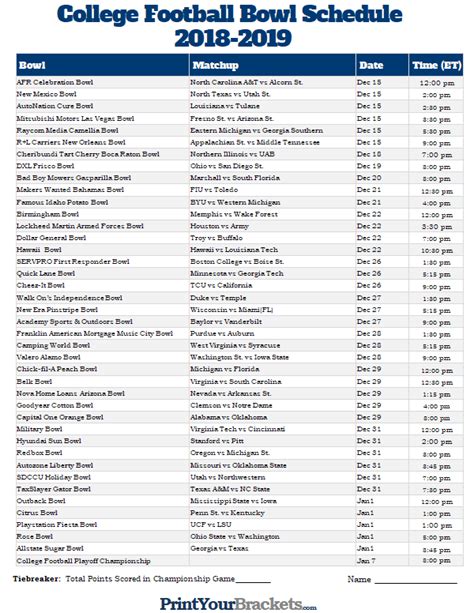 Ncaa Bowl Games Printable Schedule