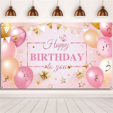 Buy Happy Birthday Banner Large Pink and Gold Birthday Backdrop Stars ...