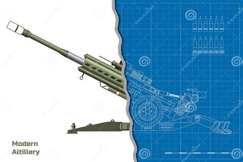 Modern Artillery. Isolated 3d Cannon Blueprint. Top, Side View of ...