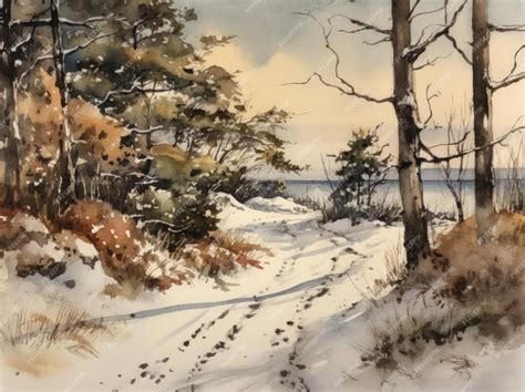 Premium AI Image | A watercolor painting of a snowy path with a snowy ...