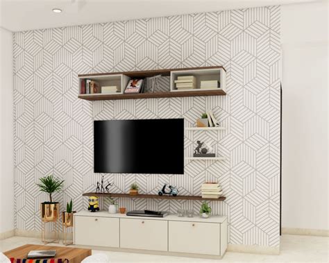 Compact TV Unit Design With Unique Wallpaper Design | Livspace