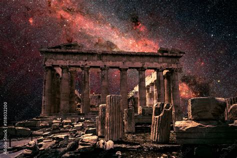 Athens at night, Greece. Fantasy view of Parthenon on Milky Way ...