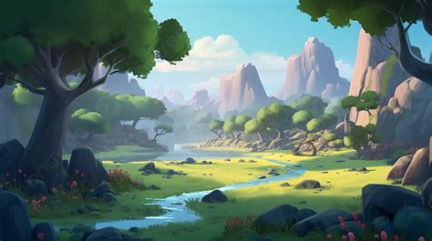 Cartoon Game Cg Forest Landscape Scene Background, Green, Tree, River ...