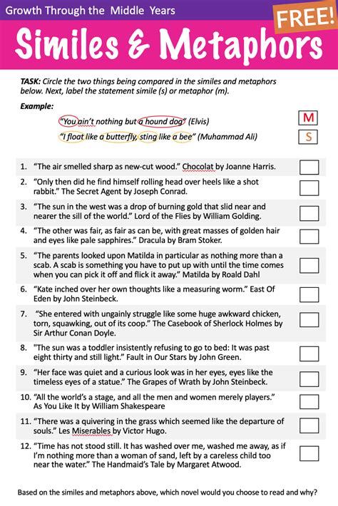 Simile And Metaphor Worksheet Grade 6 Pdf