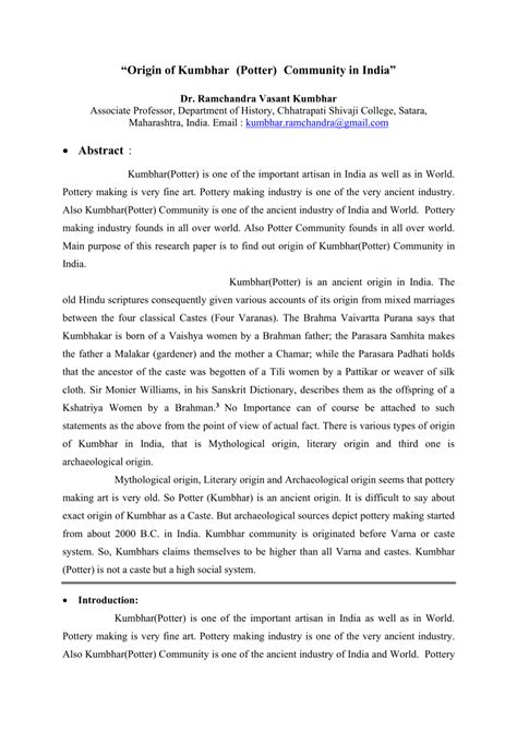 (PDF) "Origin of Kumbhar (Potter) Community in India"