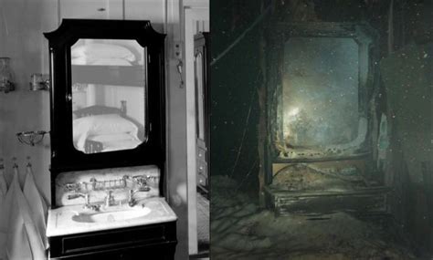 an old bathroom with a sink and mirror next to another photo in black ...