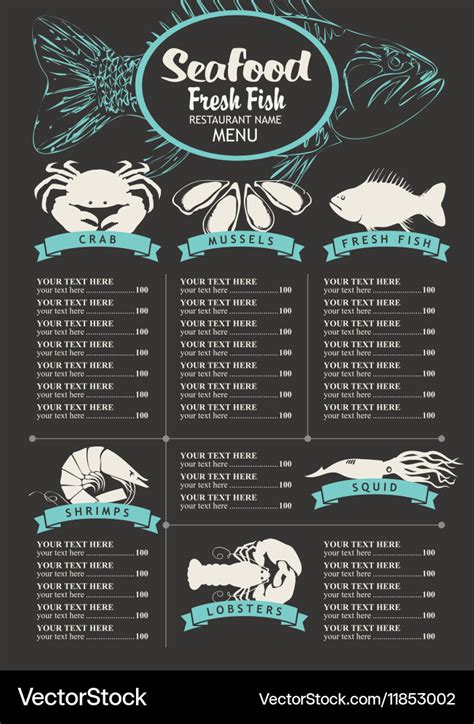 Menu with price list for a seafood Royalty Free Vector Image