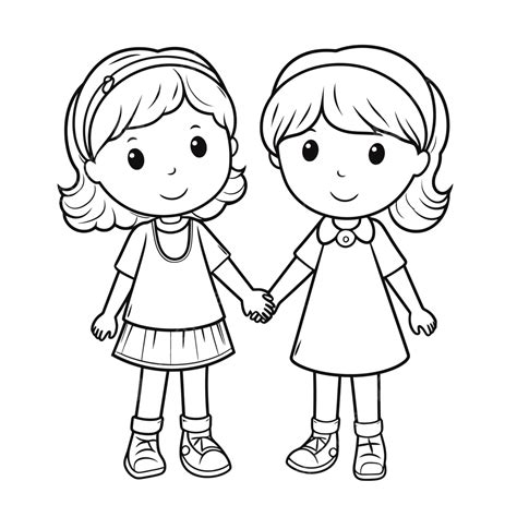 Two Girls Are Holding Hands In Each Other Coloring Pages Outline Sketch ...