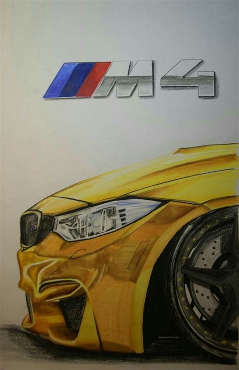 a drawing of a yellow car with the bmw logo on it