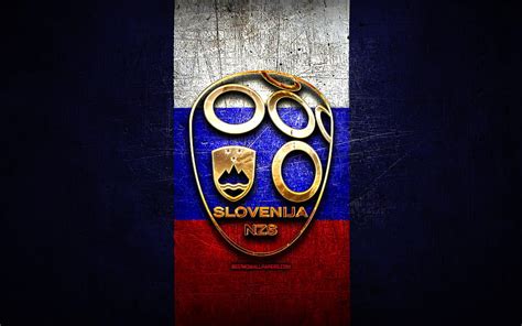 Slovenia National Football Team, golden logo, Europe, UEFA, blue metal ...