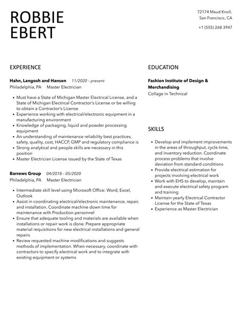 Master Electrician Resume Samples | Velvet Jobs