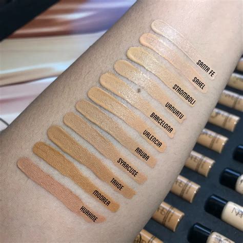 Swatches of all 33 shades of the NARS Radiant Longwear Foundation. A ...