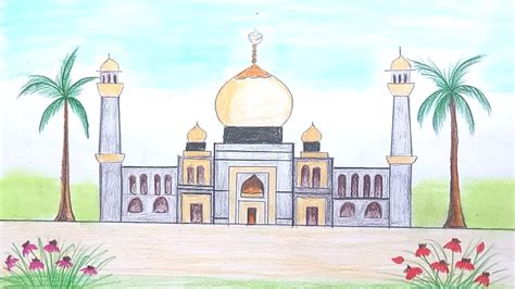 Mosque Colour Drawing How To Draw Scenery Of Mosque Step By Step Youtube