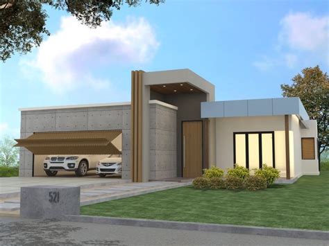 an artist's rendering of a modern house with two cars parked in the ...