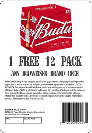 Coupon for 1 Free 12 Pack of Budweiser