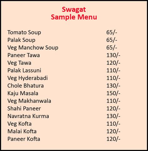 Swagat Menu, Menu for Swagat, Sakinaka, Central Mumbai, Mumbai