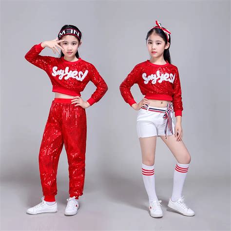 Long Sleeved Red Children Jazz Dance Costumes Sequins Girls Modern Hip ...