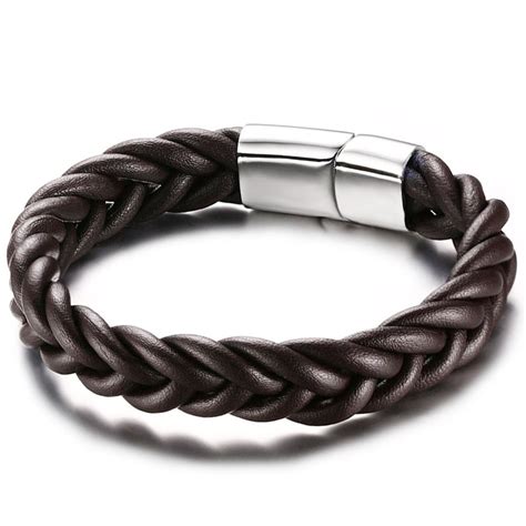 Men's Black Braided Leather Bracelet Magnetic Stainless Steel Clasp ...