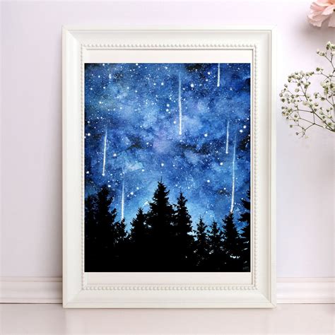 Blue Starry Night Sky| Watercolour art Print | Galaxy, forest ...