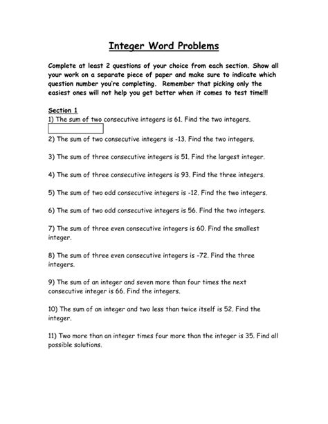 Integer Word Problems