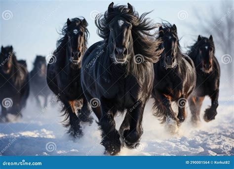 Black Friesian Horses Running in the Snow Stock Illustration ...