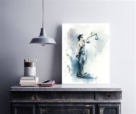 Lady Justice Art Print, Blue Watercolor Painting Art, Lawyer Office ...