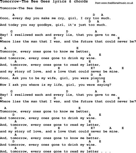 Love Song Lyrics for:Tomorrow-The Bee Gees with chords.