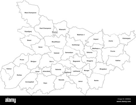 Bihar districts map with name labels. Northeast indian state. White ...