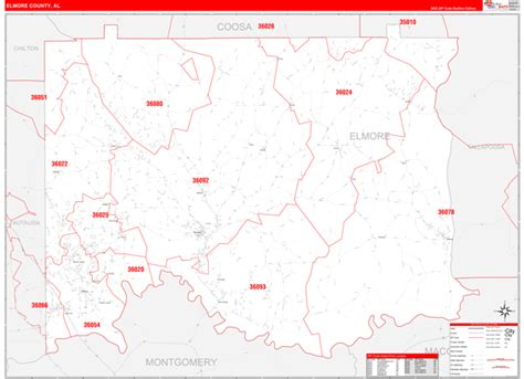 Elmore County, AL Zip Code Wall Map Red Line Style by MarketMAPS - MapSales