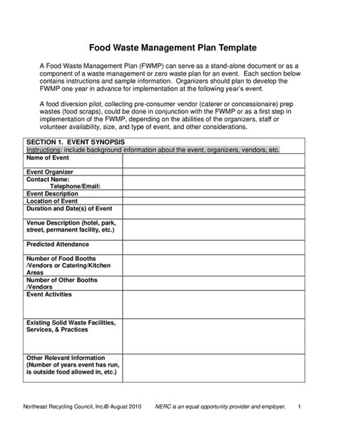 Food waste management plan template in Word and Pdf formats