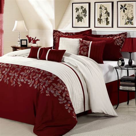 Deep Red with White Bedding Set, Featuring Leaves on the Edges ...