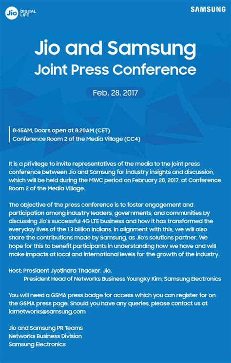 [Invitation] Jio and Samsung Joint Press Conference at MWC 2017 ...