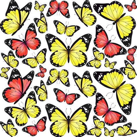 Yellow and red realistic flying monarch butterfly pattern on a white ...