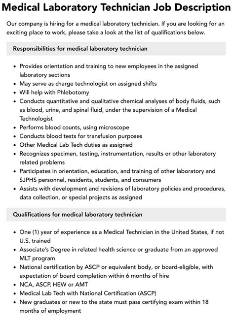 What are the roles and responsibilities of medical laboratory technician