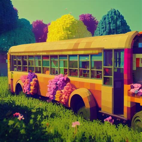 Premium AI Image | A yellow school bus is painted with blocks of colors ...