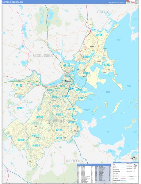 Suffolk County, MA Zip Code Wall Map Basic Style by MarketMAPS - MapSales