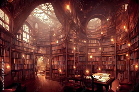 Fantasy library hall with hundreds of books in palace Stock ...