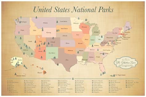 Push Pin US National Parks Map, US Parks Map with pins, list of 59 US ...