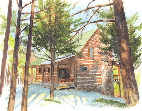 Log Cabin In The Woods Watercolor Portrait Drawing by Mike Theuer ...