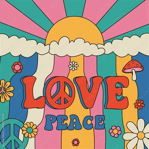 Hippie poster. Cartoon psychedelic banner with colorful hippy and peace ...