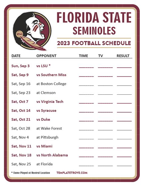 Printable 2023 Florida State Seminoles Football Schedule