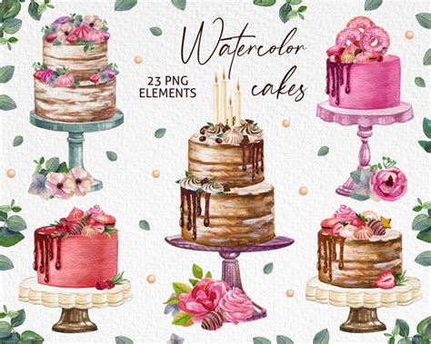 Watercolor Cake Clipart Cake Logo Designwatercolor Birthday - Etsy