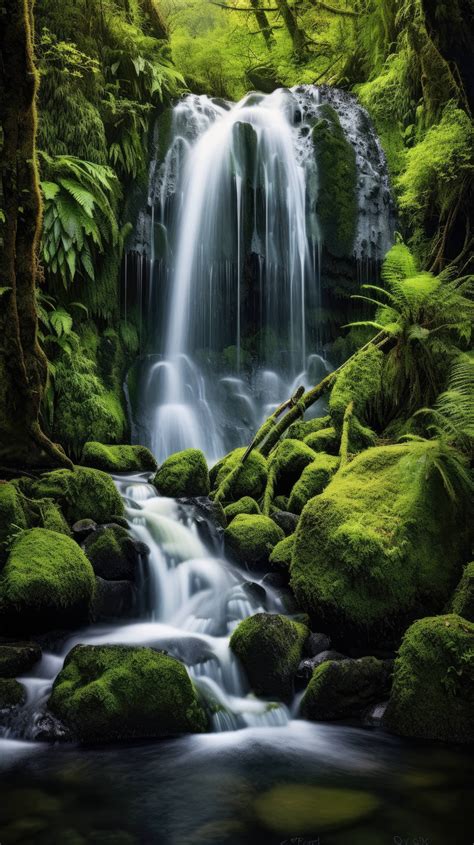 A waterfall in a lush forest, long exposure photography, capturing the ...