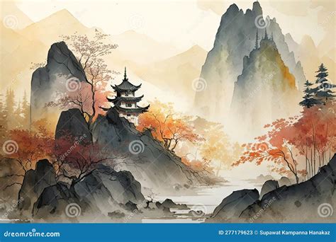 Chinese Ink Landscape Painting Stock Illustration - Illustration of ...