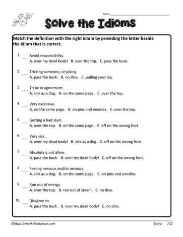 Idiom Worksheets - Identify The Idioms 4th And 5th Grade Worksheets ...