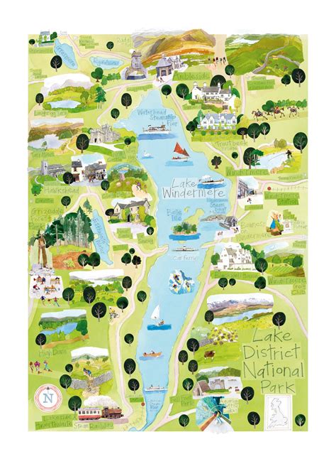 Lake Windermere Map, Lake District National Park, Giclée Fine Art Print ...