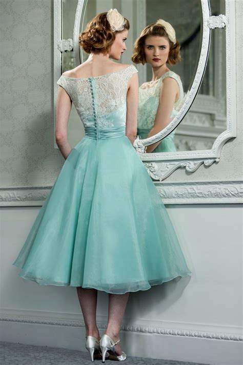 Retro Vintage Style Lace Organza Tea Length Wedding Prom Formal Dress ...