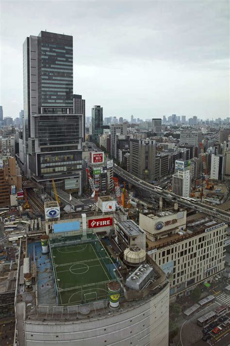 Rooftop soccer field in Shibuya, Tokyo Japan. stock photo