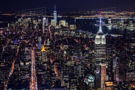 USA, New York, New York City, Manhattan, Aerial view of illuminated ...